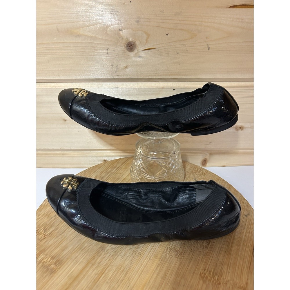 TORY BURCH Jolie Leather‎ Double T Ballet Flats Women's Size 7.5M Black EUC